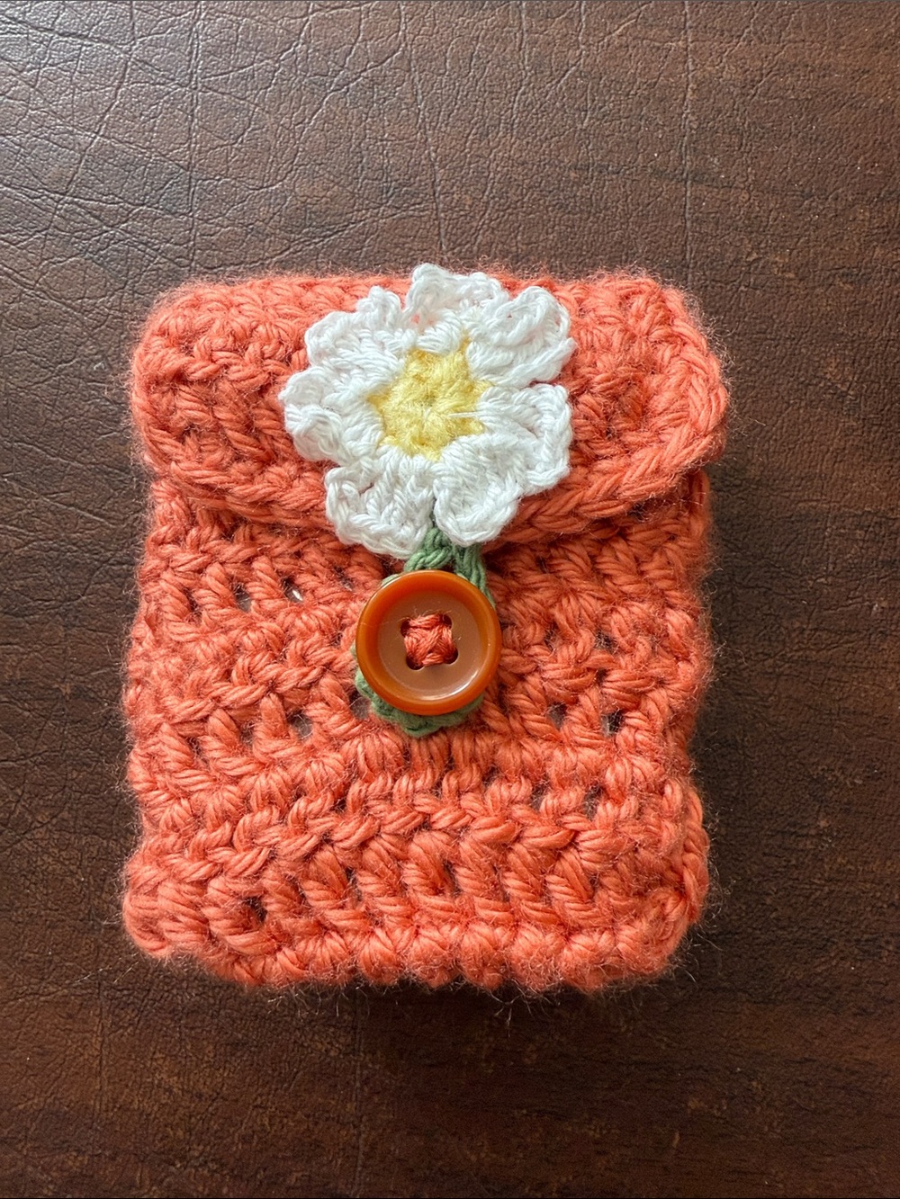 Brand New Hand Crocheted Wrist Pouch With Buttons; 4” x 3.25”/Coral
